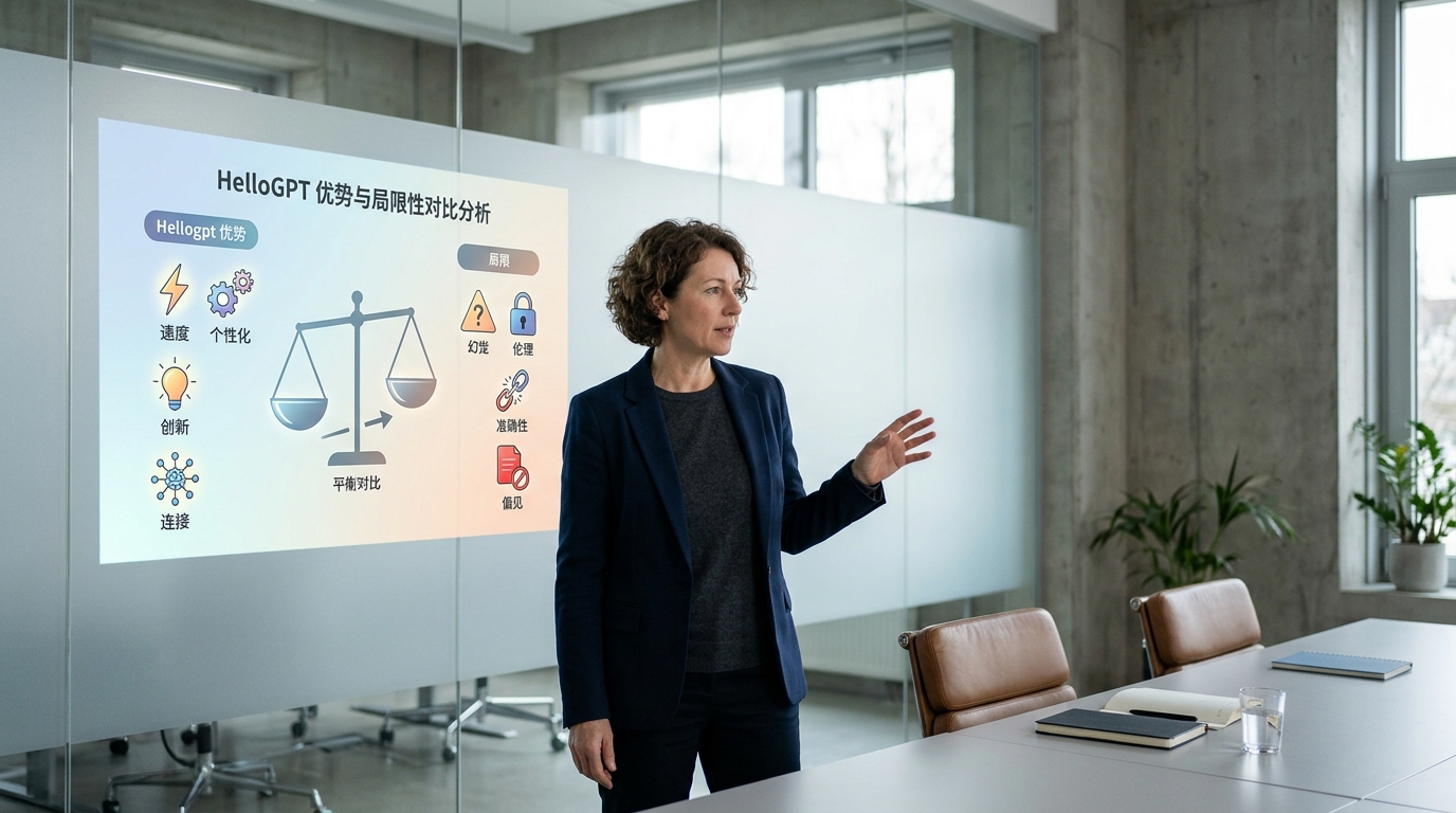 一张信息图,左侧展示hellogpt的优势图标(如闪电代表速度、齿轮代表个性化),右侧展示局限图标(如警告标志代表幻觉、锁代表伦理),中间有天平进行平衡对比 |