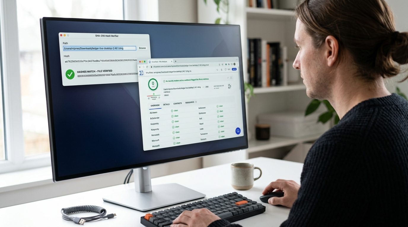 Hellogpt下载后进行文件哈希值验证与在线病毒扫描的安全方法示意图