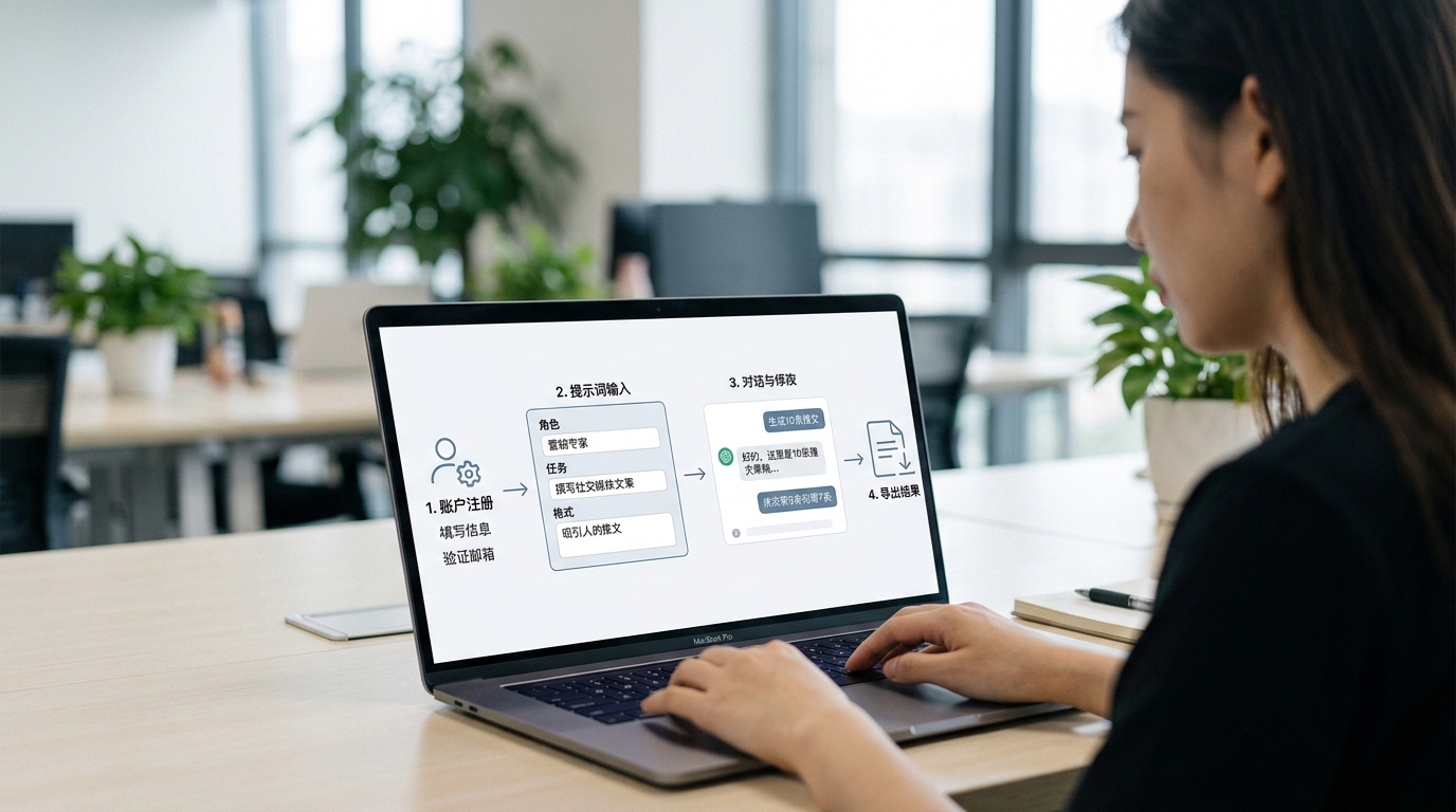 hellogpt 使用步骤指南：注册登录、编写结构化提示词、追问修正与导出结果的完整流程